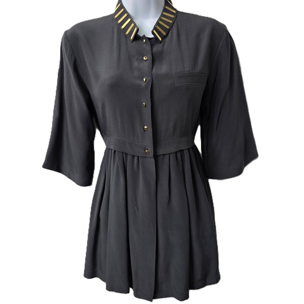 Alexander Wang Silk Blouse Top 6 Shirt Pleats Gray Gold Metal Plate Short Sleeve